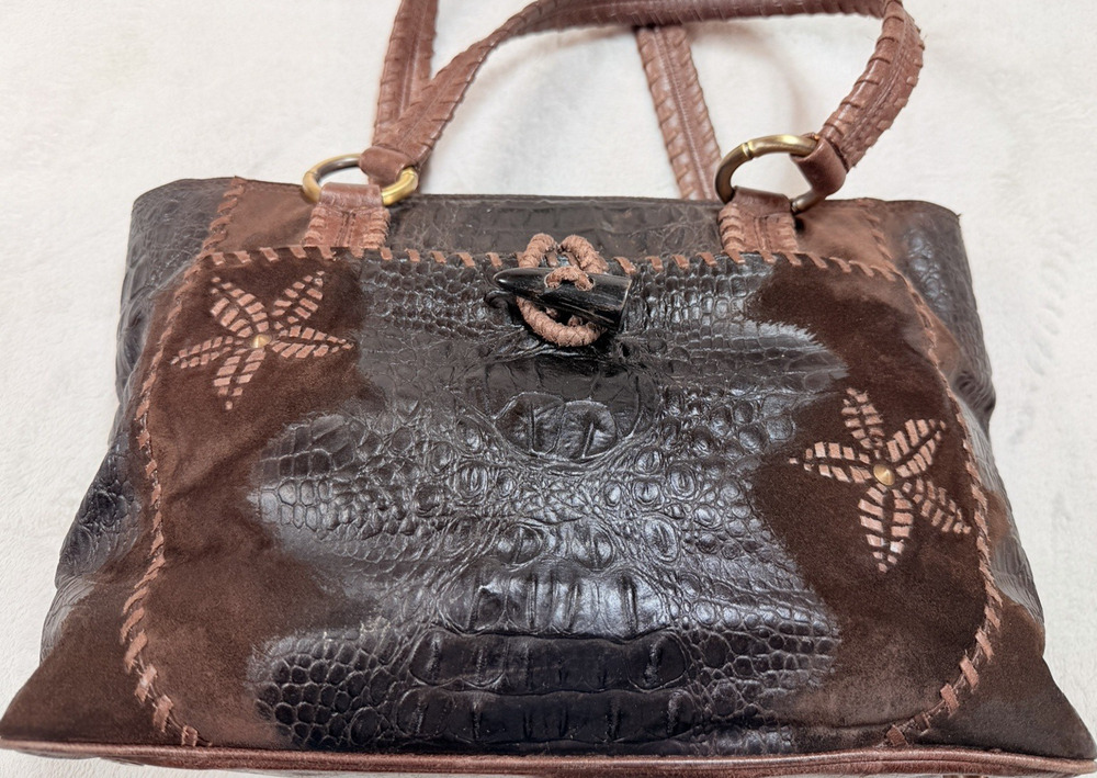 VTG Tommy Bahama Rare Suede Croc Embossed Leather Tote Bag Whipstitch Boho SZ M